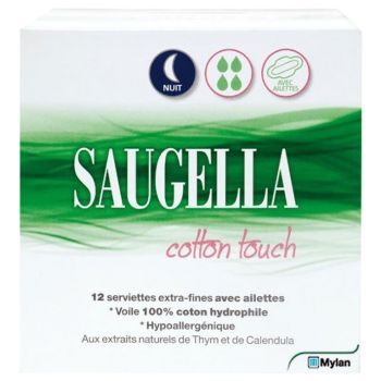 Cotton touch serviette extra-fine avec ailettes nuit Saugella - boite de 12 serviettes