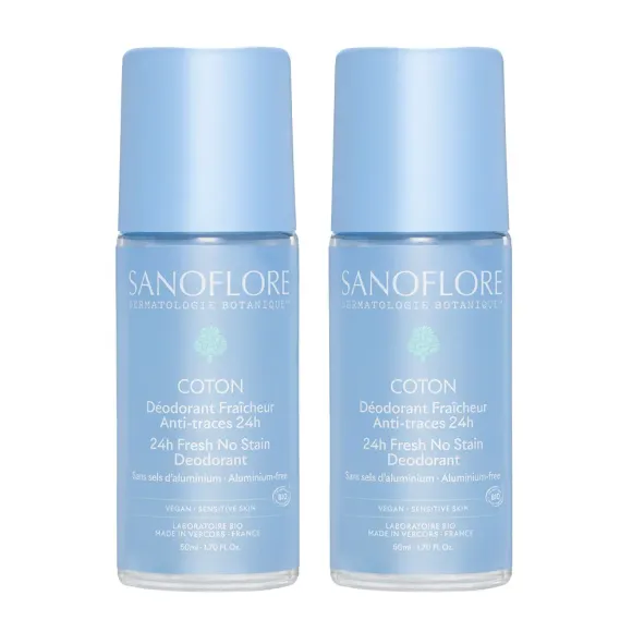 Déodorant fraîcheur coton anti-traces 24h bio Sanoflore - offre spéciale 2 roll-on de 50ml