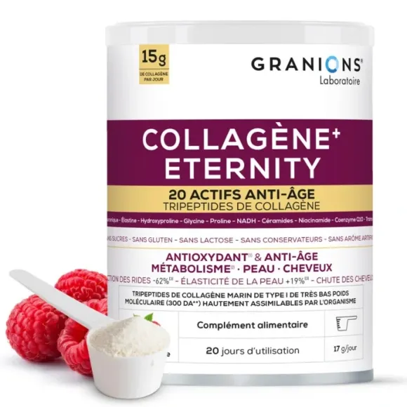 Collagène+ Eternity anti-âge goût framboise Granions - Pot de 343g