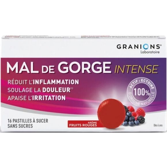 Pastilles mal de gorge intense goût fruits rouges Granions - boite de 16 pastilles à sucer
