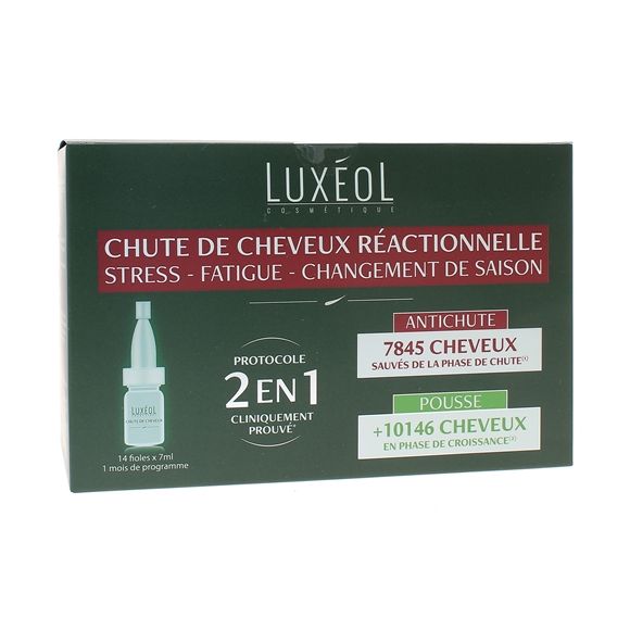 Chute de cheveux réactionnelle 2 en 1 Luxéol - boîte de 14 fioles