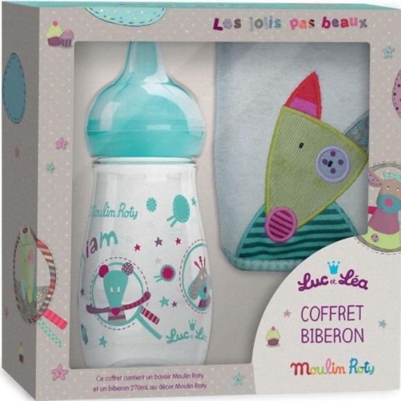 Coffret biberon Moulin Rotin Luc et Léa - 1 biberon de 270 ml + 1 bavoir
