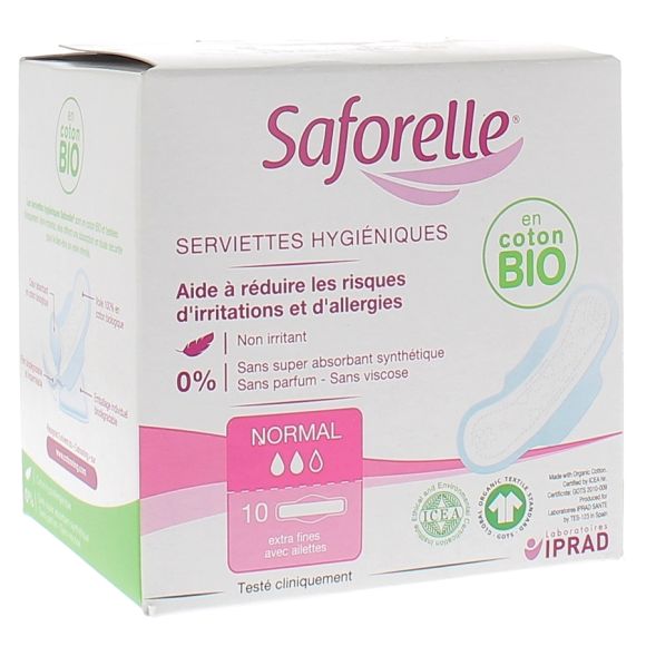 Coton protect serviettes hygiéniques extra fines avec ailettes Saforelle - boite de 10 serviette hygiéniques