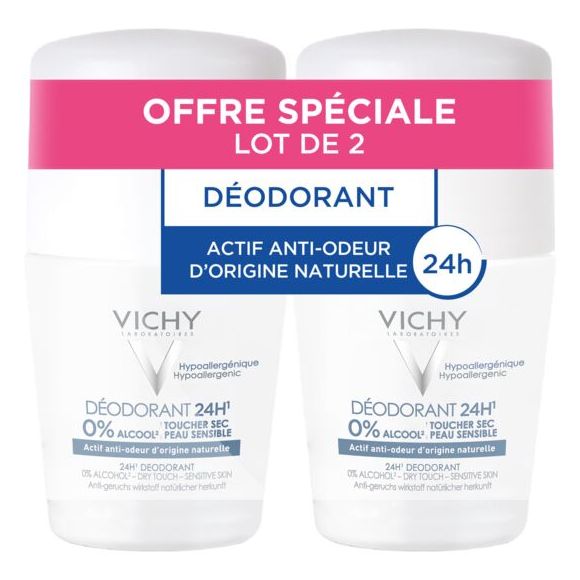 Déodorant 24h toucher sec peau sensible Vichy - lot de 2 roll-on bille de 50 ml