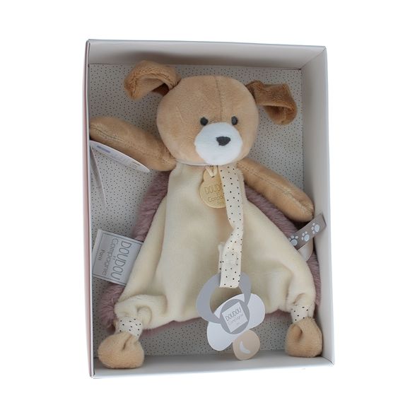 Mini doudou chien attache sucette Doudou et compagnie - boîte avec doudou de 15 cm