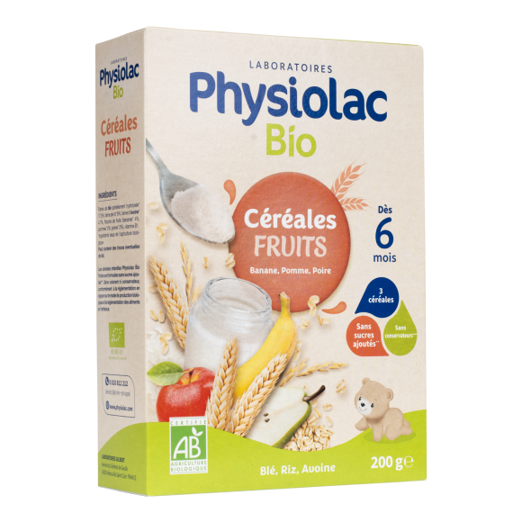 Physiolac bio céréales fruits dès 6 mois Gilbert - boite de 200 g