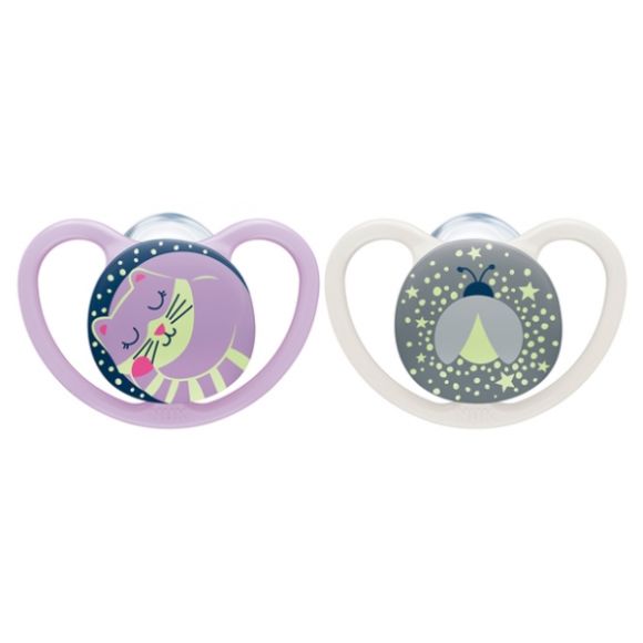 Space Night Sucettes silicone 18-36 mois NUK - lot de 2 sucettes phosphorescentes